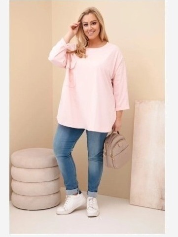 Dámska blúzka Plus Size s bavlnou, s vreckom a s rolovaným rukávom pudrová ružová