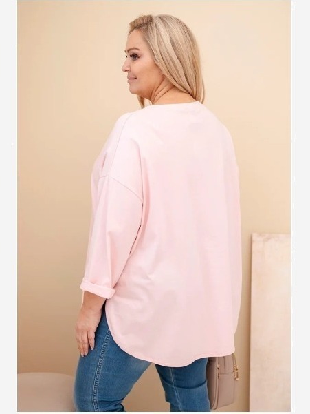 Dámska blúzka Plus Size s bavlnou, s vreckom a s rolovaným rukávom pudrová ružová