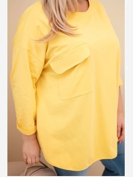 Dámska blúzka Plus Size s bavlnou, s vreckom a s podvihnutým rukávom žltá