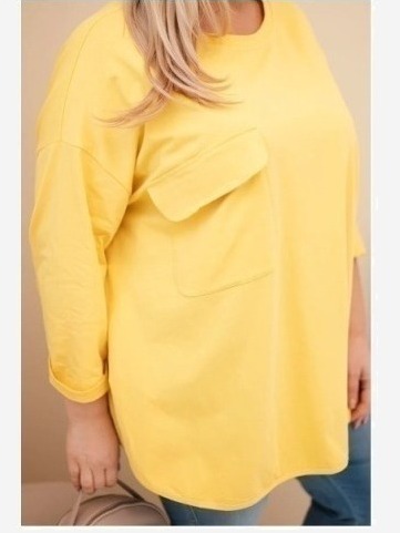 Dámska blúzka Plus Size s bavlnou, s vreckom a s podvihnutým rukávom žltá