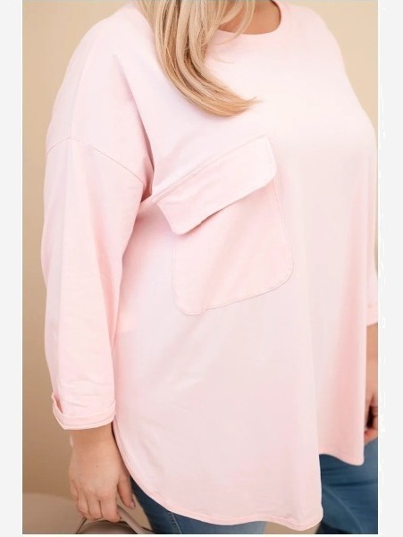 Dámska blúzka Plus Size s bavlnou, s vreckom a s rolovaným rukávom pudrová ružová
