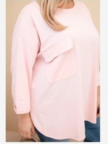 Dámska blúzka Plus Size s bavlnou, s vreckom a s rolovaným rukávom pudrová ružová