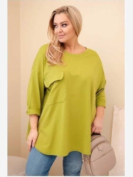 Dámska blúzka Plus Size z bavlnou s vreckom a podhodeným rukávom olivová