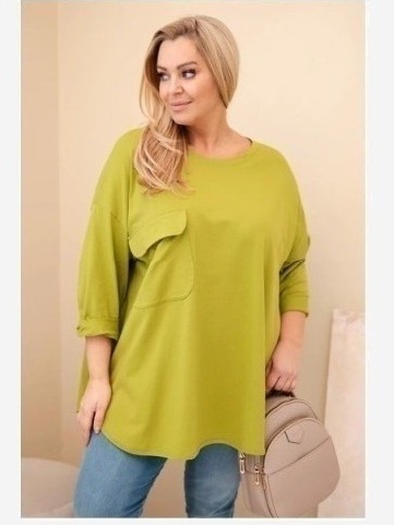 Dámska blúzka Plus Size z bavlnou s vreckom a podhodeným rukávom olivová