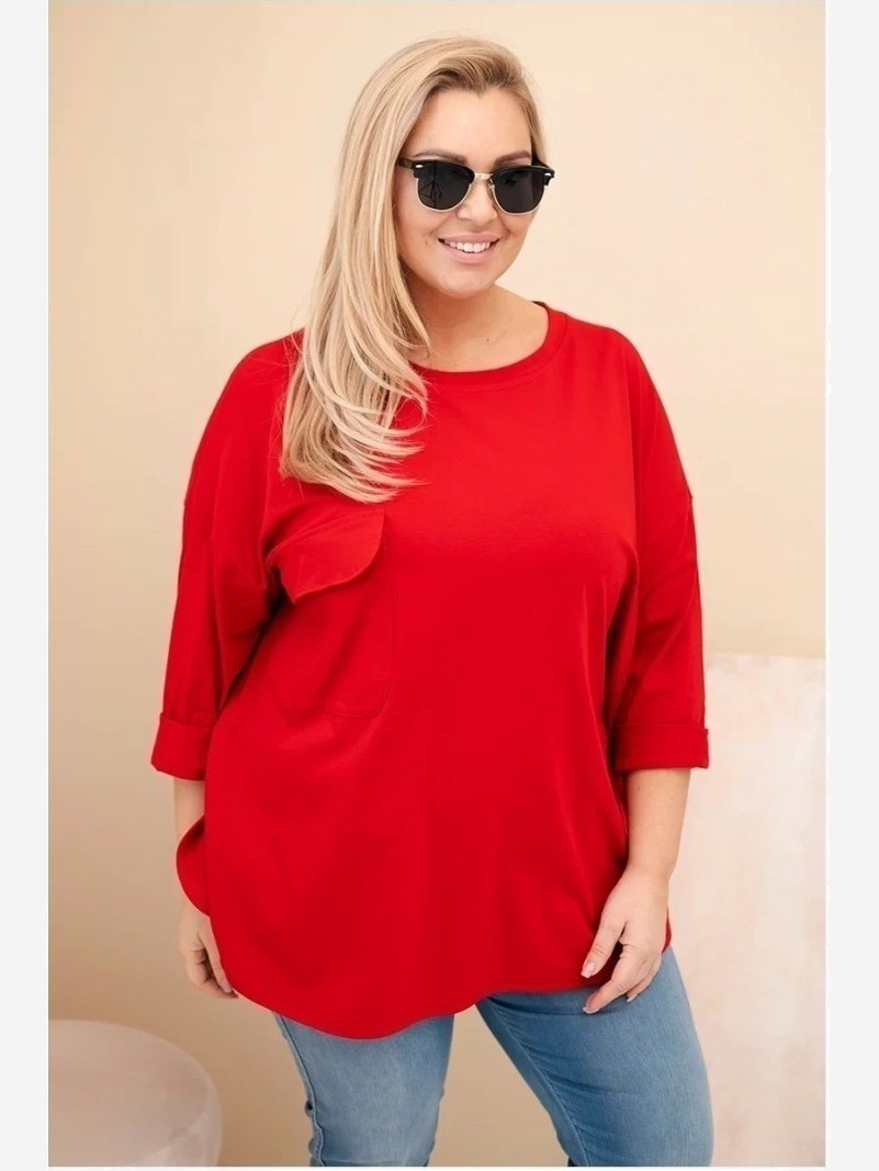 Dámska blúzka Plus Size z bavlnou s vreckom a podvinutým rukávom červená