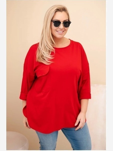 Dámska blúzka Plus Size z bavlnou s vreckom a podvinutým rukávom červená