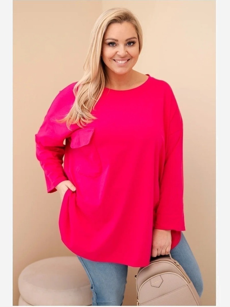 Dámska blúzka Plus Size s bavlnou, s vreckom a s podhnutým rukávom fuksia