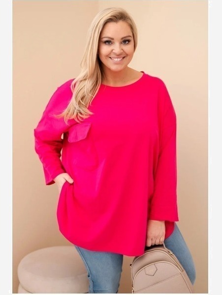 Dámska blúzka Plus Size s bavlnou, s vreckom a s podhnutým rukávom fuksia