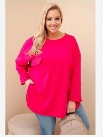Dámska blúzka Plus Size s bavlnou, s vreckom a s podhnutým rukávom fuksia