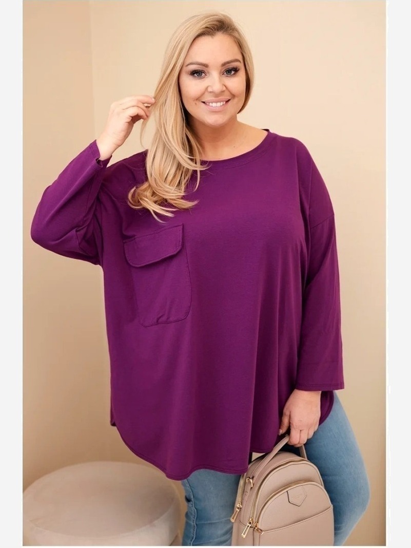 Dámska blúzka Plus Size s bavlnou, s vreckom a s rukávom srolovaným tmavo fialová