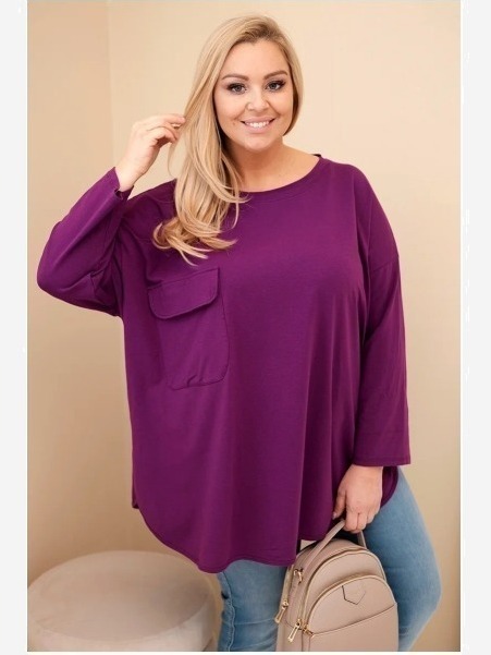 Dámska blúzka Plus Size s bavlnou, s vreckom a s rukávom srolovaným tmavo fialová