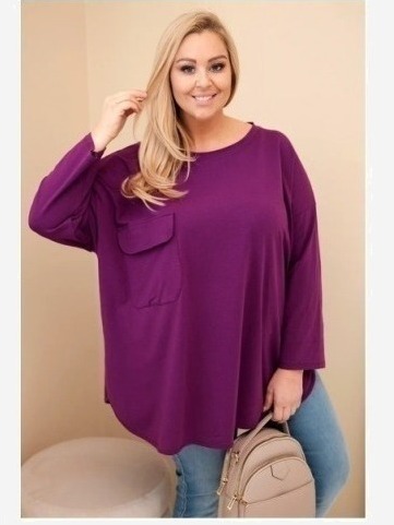 Dámska blúzka Plus Size s bavlnou, s vreckom a s rukávom srolovaným tmavo fialová
