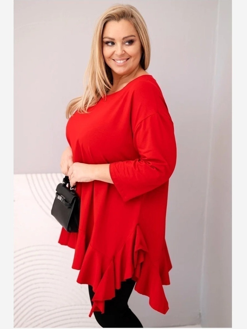 Dámska blúzka Plus Size s bavlnou, volánom a podhodenými rukávmi červená