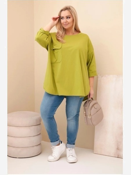 Dámska blúzka Plus Size z bavlnou s vreckom a podhodeným rukávom olivová