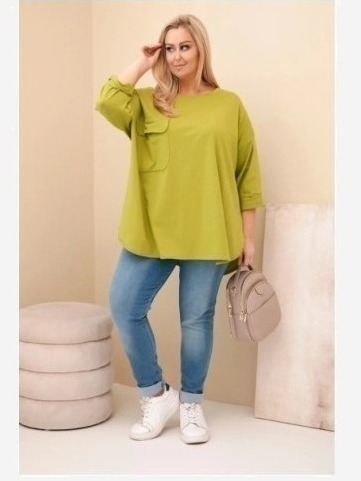 Dámska blúzka Plus Size z bavlnou s vreckom a podhodeným rukávom olivová