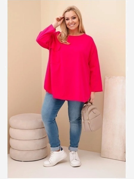 Dámska blúzka Plus Size s bavlnou, s vreckom a s podhnutým rukávom fuksia