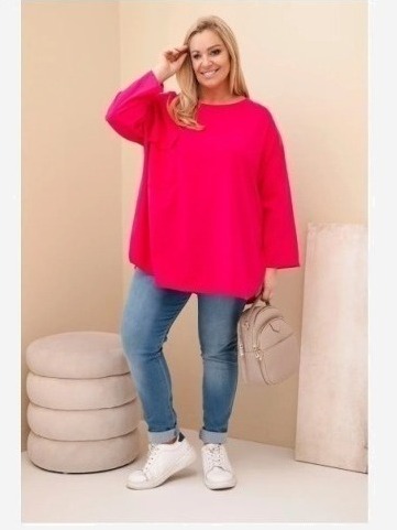 Dámska blúzka Plus Size s bavlnou, s vreckom a s podhnutým rukávom fuksia