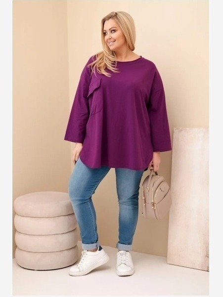 Dámska blúzka Plus Size s bavlnou, s vreckom a s rukávom srolovaným tmavo fialová