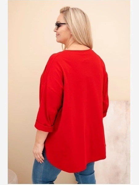 Dámska blúzka Plus Size z bavlnou s vreckom a podvinutým rukávom červená