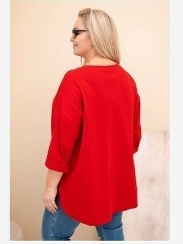 Dámska blúzka Plus Size z bavlnou s vreckom a podvinutým rukávom červená