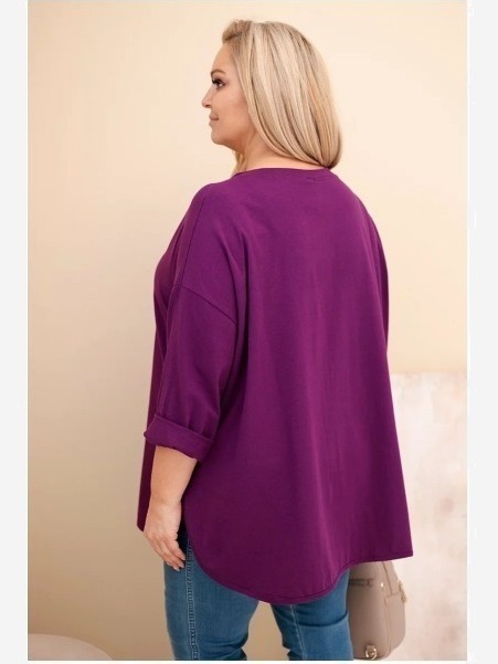 Dámska blúzka Plus Size s bavlnou, s vreckom a s rukávom srolovaným tmavo fialová