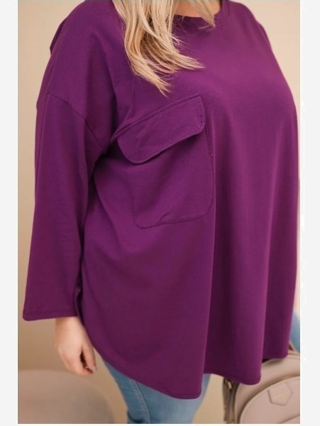 Dámska blúzka Plus Size s bavlnou, s vreckom a s rukávom srolovaným tmavo fialová