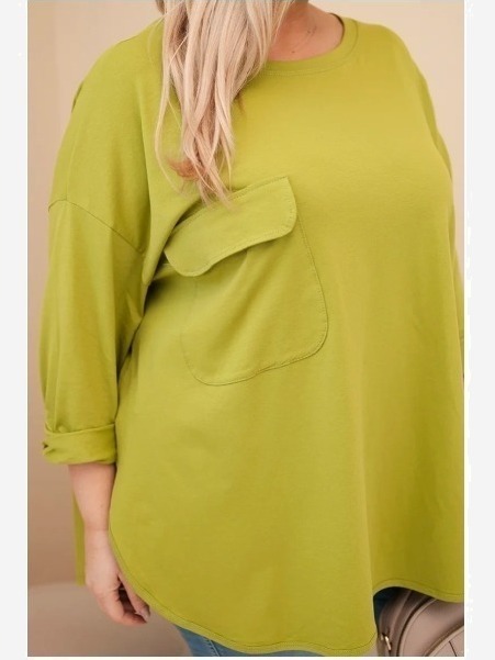 Dámska blúzka Plus Size z bavlnou s vreckom a podhodeným rukávom olivová