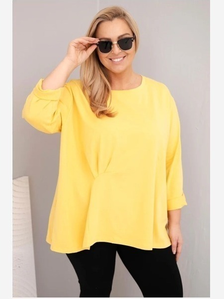 Dámska blúzka plus size s bavlnou a dlhým rukávom a nariasením žltá
