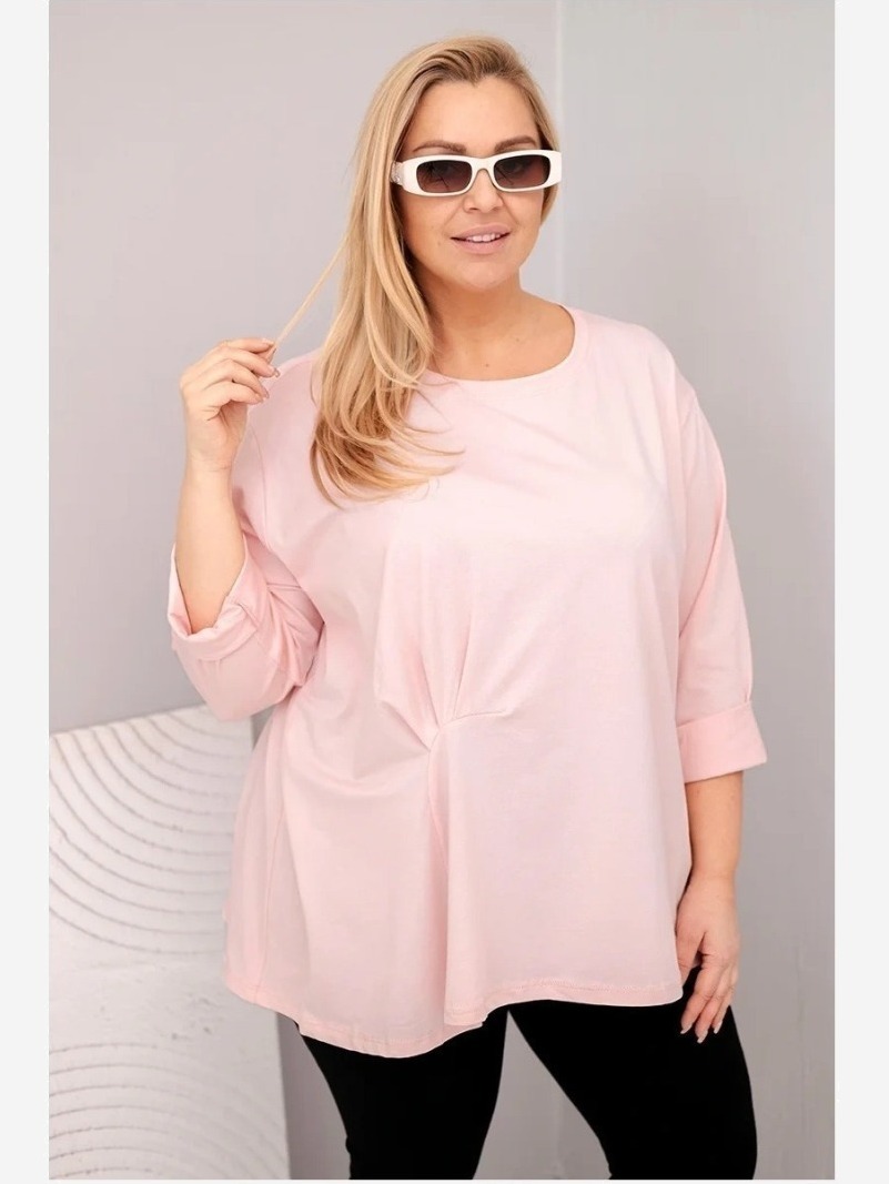 Dámska blúzka plus size s bavlnou s dlhým rukávom a nariasením pudrová ružová