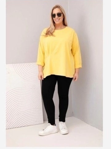 Dámska blúzka plus size s bavlnou a dlhým rukávom a nariasením žltá