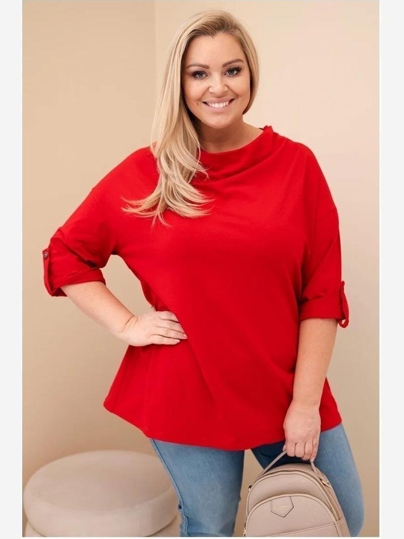 Dámska blúzka Plus Size z bavlnou vo voľnom strihu s vodným výstrihom červená