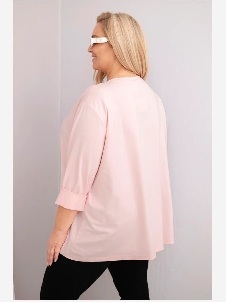 Dámska blúzka plus size s bavlnou s dlhým rukávom a nariasením pudrová ružová