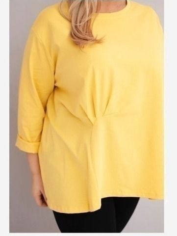 Dámska blúzka plus size s bavlnou a dlhým rukávom a nariasením žltá
