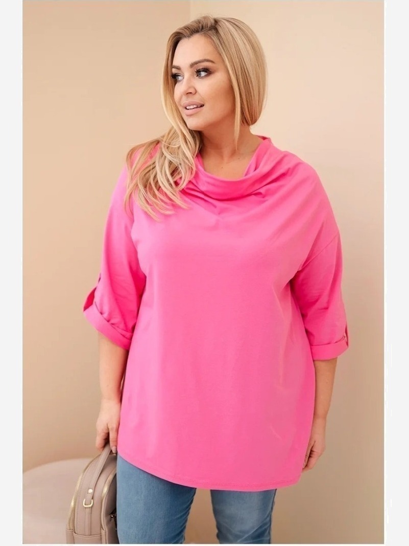 Dámska blúzka Plus Size z bavlnou vo voľnom strihu s vodným výstrihom svetloružová
