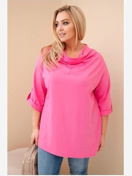 Dámska blúzka Plus Size z bavlnou vo voľnom strihu s vodným výstrihom svetloružová