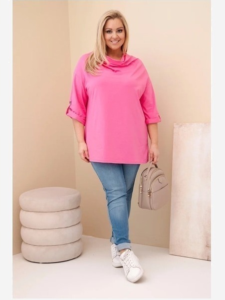 Dámska blúzka Plus Size z bavlnou vo voľnom strihu s vodným výstrihom svetloružová