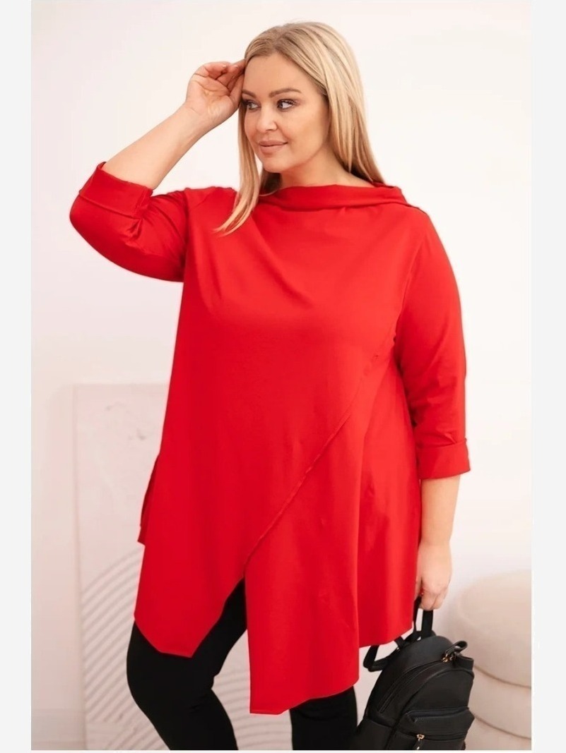 Dámska bavlnená blúzka Plus Size asymetrická s podhnutým rukávom červená
