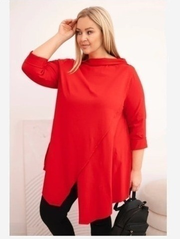 Dámska bavlnená blúzka Plus Size asymetrická s podhnutým rukávom červená