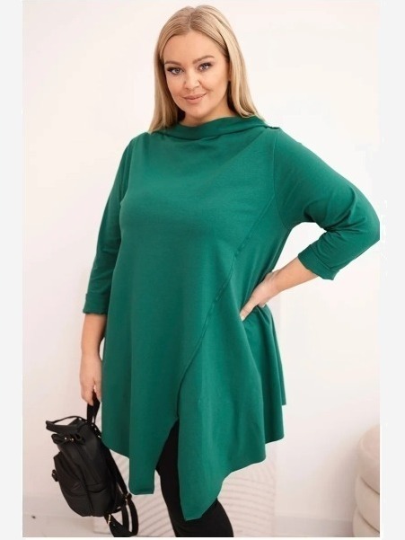 Dámska bavlnená blúzka Plus Size asymetrická s vyhrnutým rukávom zelená
