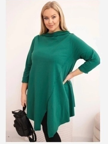 Dámska bavlnená blúzka Plus Size asymetrická s vyhrnutým rukávom zelená