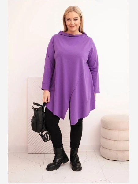 Dámska bavlnená blúzka Plus Size asymetrická s prehnutým rukávom fialová