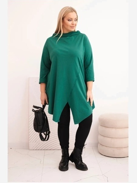 Dámska bavlnená blúzka Plus Size asymetrická s vyhrnutým rukávom zelená