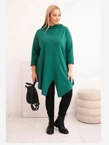 Dámska bavlnená blúzka Plus Size asymetrická s vyhrnutým rukávom zelená