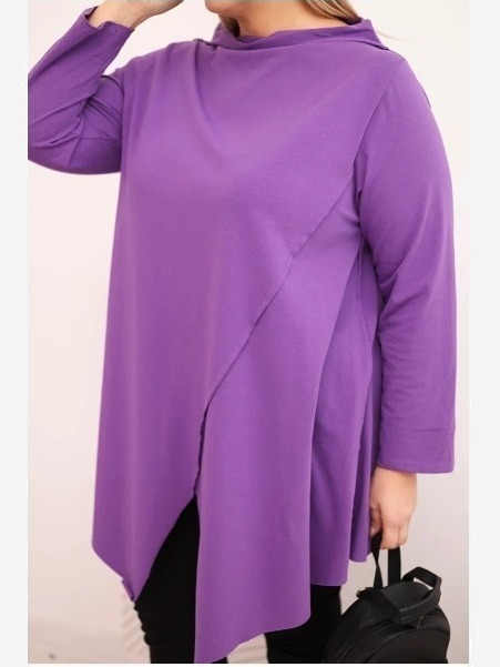 Dámska bavlnená blúzka Plus Size asymetrická s prehnutým rukávom fialová