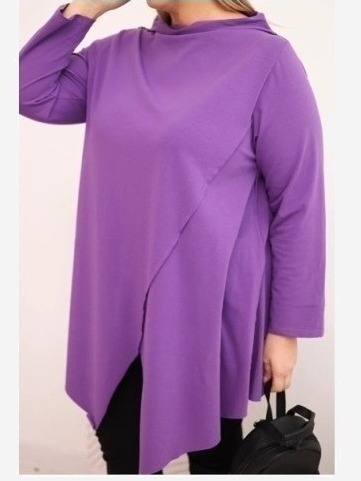 Dámska bavlnená blúzka Plus Size asymetrická s prehnutým rukávom fialová