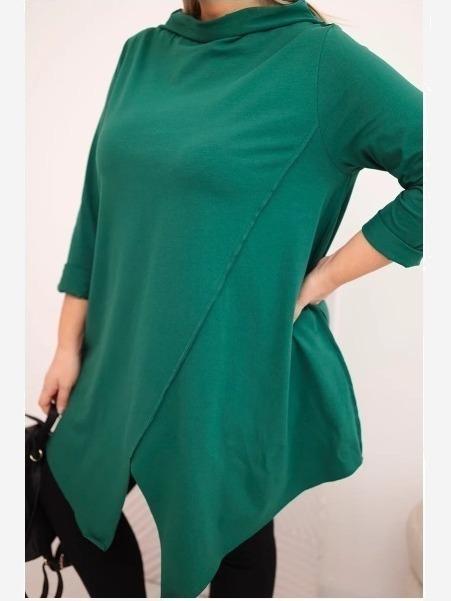 Dámska bavlnená blúzka Plus Size asymetrická s vyhrnutým rukávom zelená