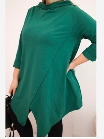 Dámska bavlnená blúzka Plus Size asymetrická s vyhrnutým rukávom zelená