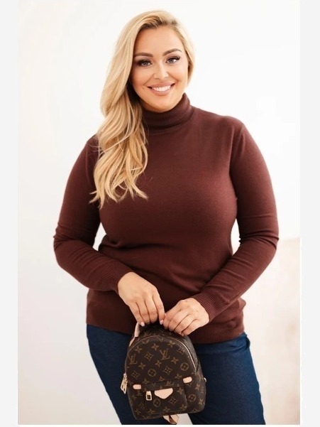 Dámsky viskózový sveter Plus Size s klasickým strihom hnedý