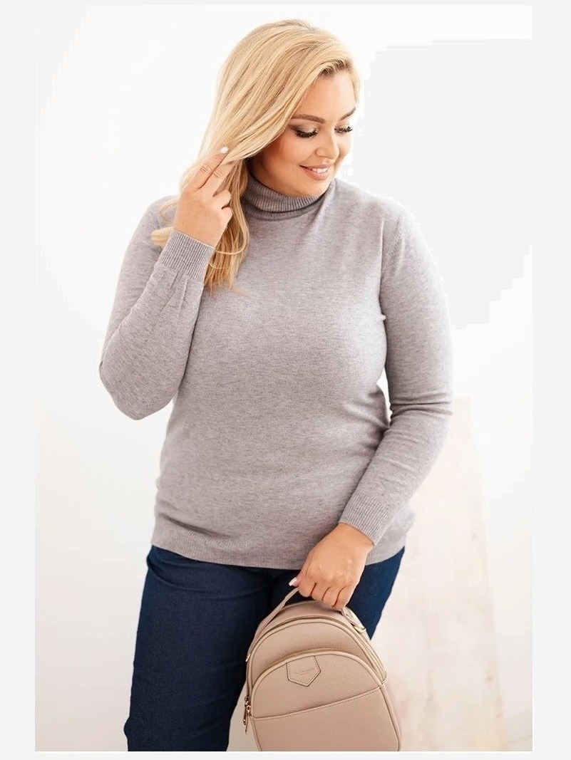 Dámsky viskózový sveter Plus Size s golierom v klasickom strihu šedý