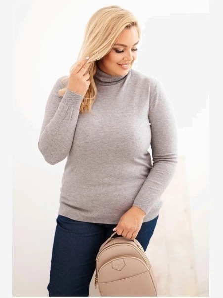 Dámsky viskózový sveter Plus Size s golierom v klasickom strihu šedý